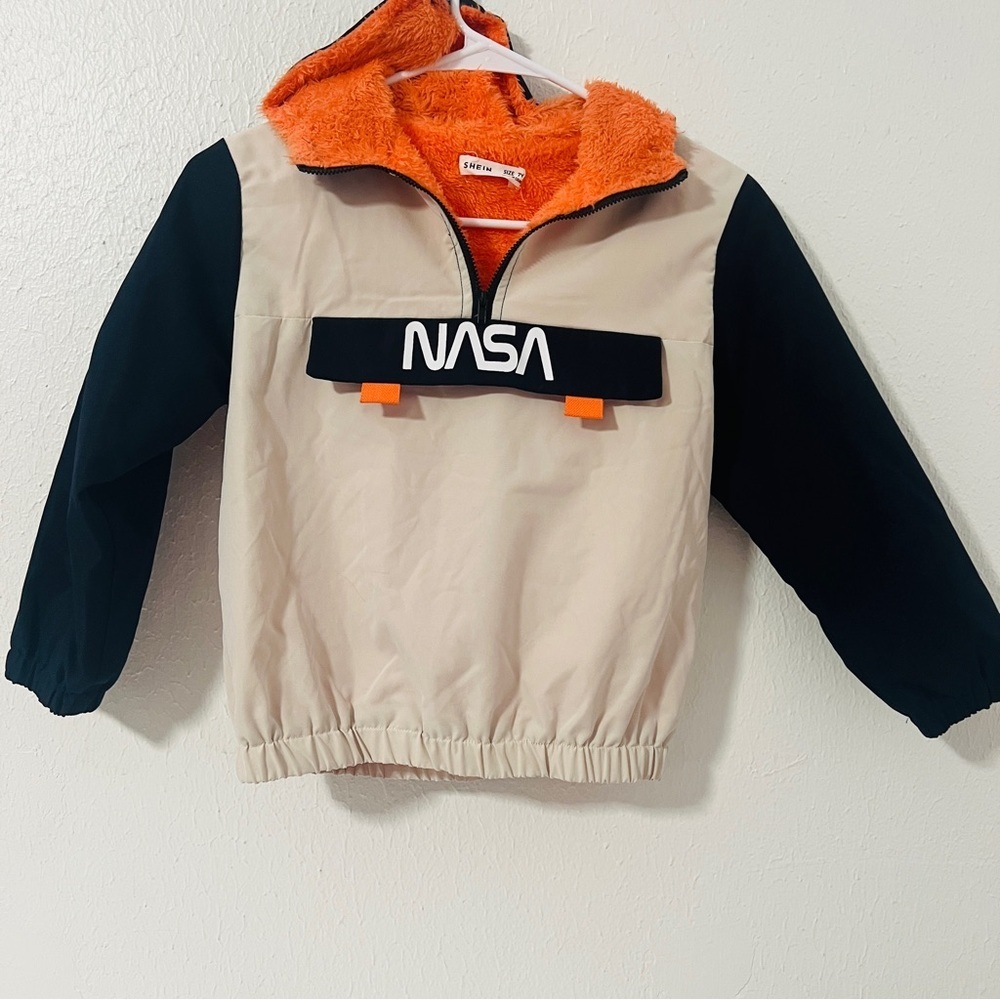 SHEIN Boys Size 7Y Letter Graphic Half Zip Colorblock Fuzzy Hooded Jacket EUC